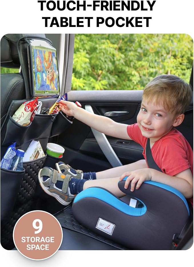 Owleys Car Seat Protector and Back Seat Organizer Set for Kids, Black | Two pieces: kids backseat organizer with clear tablet pocket plus a faux leather kick guard seat protector.