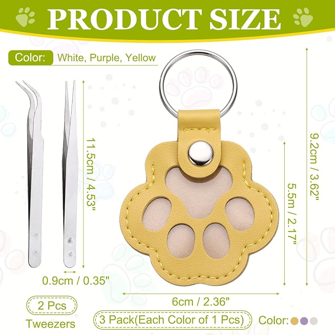 Dog Fur Storage Keychain, Pet Fur Keepsake Keyrings, Paw Shaped, Pet Hair Keepsake Keychains with Tweezers