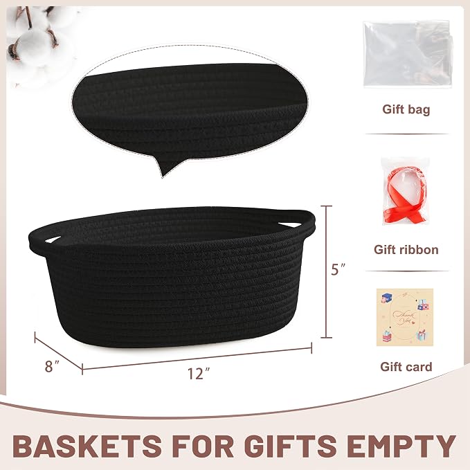 Bufims Small Woven Black Gifts Basket for Storage Empty with Ribbons and Bags Durable Cute Gifts 12"X 8" X 5" Small Rope Basket for Gifting