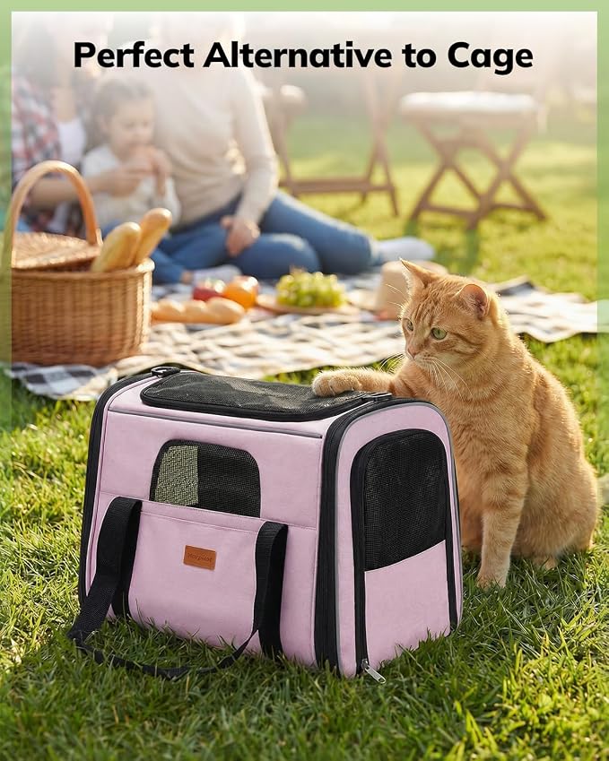 Morpilot Cat Carrier Soft for Large Medium Cats and Puppy up to 20lbs | with Dual-Sided Cushion, Secure Buckle and Foldable Bowl, Dog Carriers for Small Dogs - Pet Carrier (Pink)