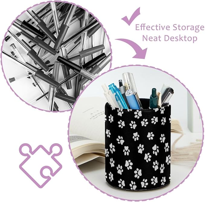 White Dog Paw Print Black Background Pencil Box, Multiple-Use Desk Writing Stationary Organizer Pen Holder Cups Office School Supplies Storage