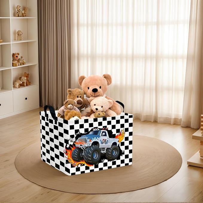 Racing Car Storage Basket Monster Truck Toy Book Shelf Basket Kid Room Decor Gift (Black and White Checkered)