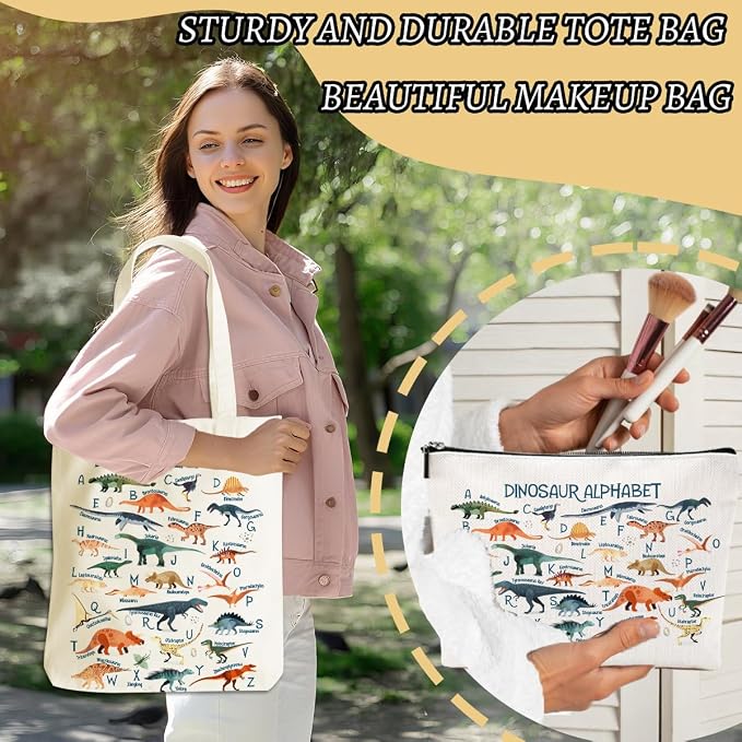 Cute Dinosaur Gifts Dinosaur Lovers Gift for Women Daughter Sister Girls Animals Lovers Birthday Christmas Canvas Tote Bag Makeup Bag Reusable Grocery Bags with Inner Pocket for Beach Shopping