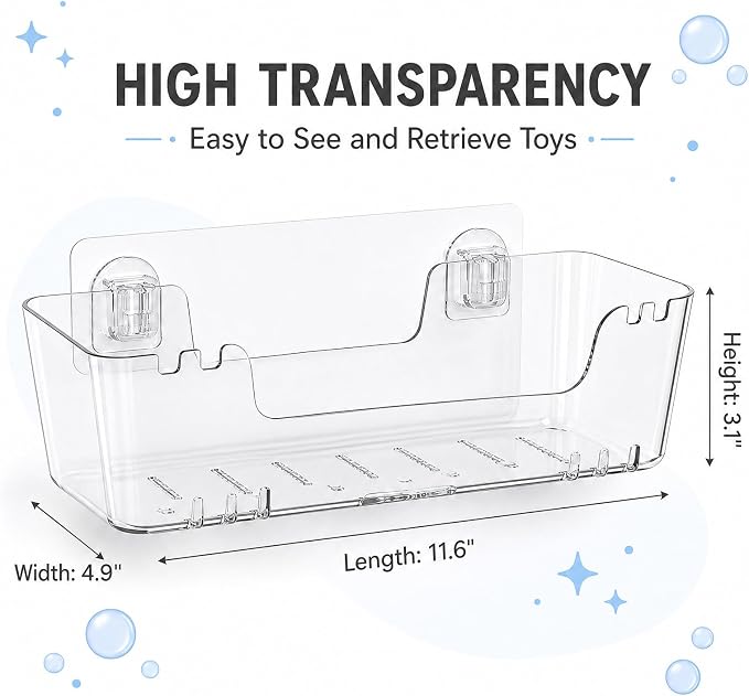 Bath Toy Storage Organizer, 2 Pack Bath Toy Holder with Drain Holes | Quick Dry Toy Shower Caddy, Mold-Resistant Wall Mount No Drill, Large Plastic Bath Toy Organizer with Drain Holes, Easy-Clean