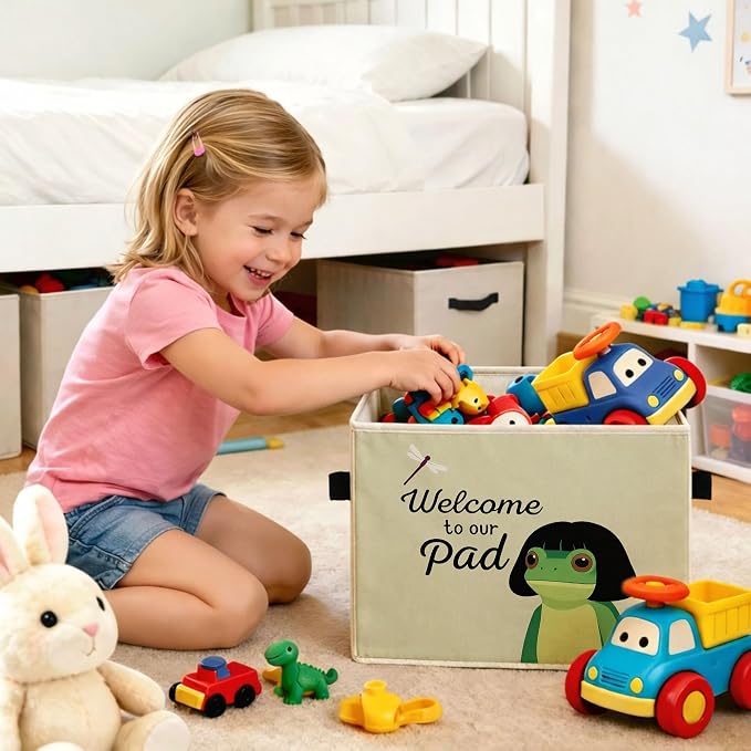 Frog Welcome Storage Bin, Foldable Fabric Organizer Basket | Frog welcome storage bin with “Welcome to our pad” text, soft green background, foldable fabric and handles.