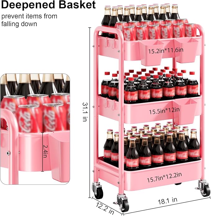3 Tier Rolling Cart Metal with Lockable Wheels, Pink Three Tiered Diaper Caddy Cart Organizer on Wheels, Storage Utility Trolley Carts for Craft, Art, Nail, Lash, Baby Supplies, Cleaning, Mesh