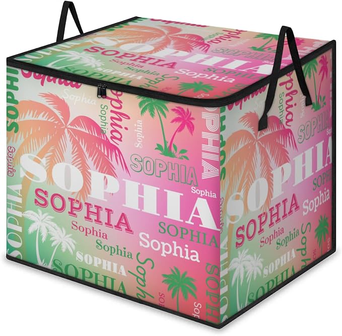 Custom Name Large Storage Bin with Lid, Personalized Storage Basket with Zippers Comforters, Blankets, Bedding Closet Shelf Baskets, Green Pink Tropical Palm Trees Gradient Pink Green Background