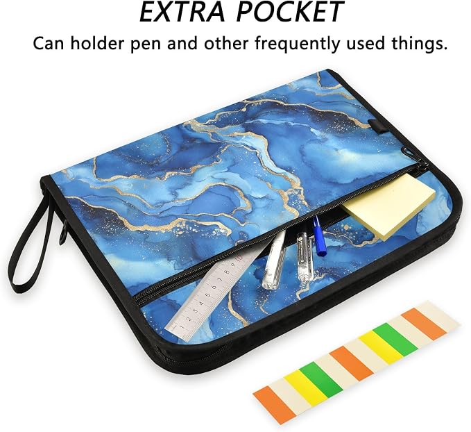 13 Pocket Zipper Expanding File Folder A4 Blue Marble | Accordion File Organizer with Front Pouch A4 Letter Size Portable Folders for Documents Receipt School Office Supplies