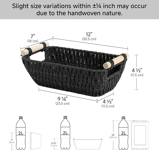 StorageWorks Small Storage Basket, Organizing Baskets for Shelf, Black | Wicker Storage Baskets for Shelves, Baskets with Wooden Handles, 2-Pack Gifts Basket for Home Decor, Hand-Woven Basket
