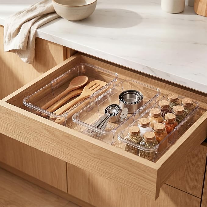 PrecisionAuto Expandable Drawer Organizer Set | Clear PET Plastic Desk Dividers for Office, Kitchen, Bathroom, and Vanity, Adjustable, Multi-Size Storage Bins Space-Saving