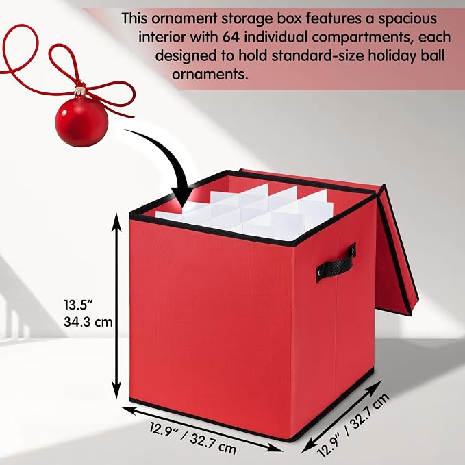 Mobi Lock Christmas Ornament Storage Box with Dividers - Holiday Ornament Organizer Bag - Holds 64 Balls - Durable Red Fabric Container, No Tray - Foldable Xmas Decorations Storage