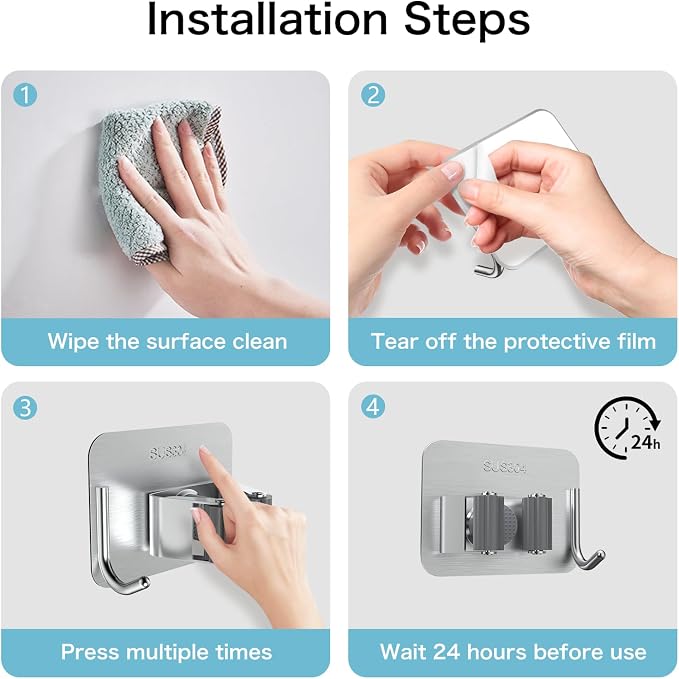 nacena 4 Pack No Drill Self Adhesive Broom Mop Holder Wall Mount with Hooks, Heavy Duty Stainless Steel Organizer for Kitchen Bathroom Garage Storage,Silver