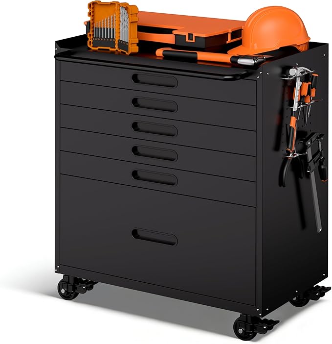 Garage Storage Cabinet,6 Drawer Metal Rolling Tool Cabinet with 2 Pegboard and 10 Hook,Heavy Duty Mechanics Tool Chest Storage for Workshop, Basement,Warehouse,Include Workbench Liner,Black