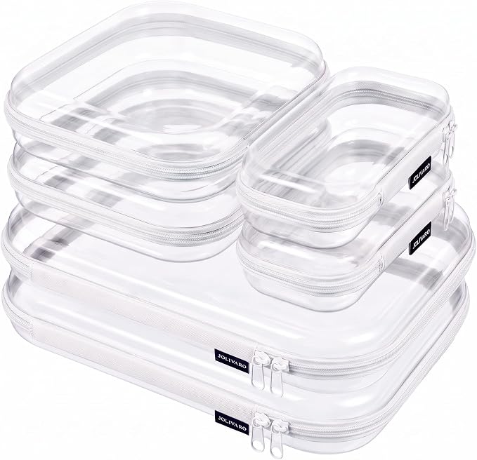 Clear Hard Shell Zipper Case Makeup Storage Organizer Pouches TSA Approved | Travel organizer bags for toiletries, cosmetics, electronics & diaper bins. Multi-size for office, camping, beach & home