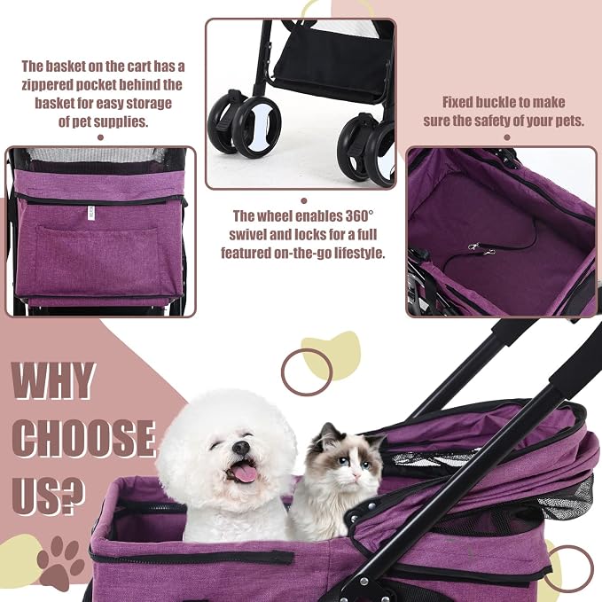 Dog Stroller 3-in-1 Folding Dog Stroller for Medium Small Dogs Purple | Pet Stroller 4 Wheels Cat Stroller with Detachable Carrier Storage Basket Waterproof Lightweight for Travel,
