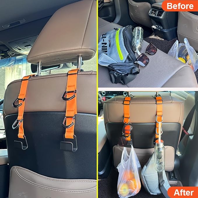 Car Headrest Hooks, Backseat Storage Organizer Hangers, Universal Vehicle Seat Back Hooks, 4 Pack (Orange)