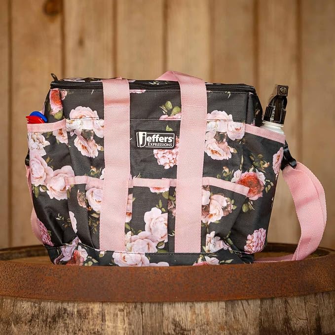 Jeffers Expression Deluxe Horse Grooming Bag – Large Zip Top Equestrian Tote w/Multiple Pockets, Handles & Adjustable Shoulder Strap, Padded Feet for Barn Essentials 11.5"x10.5"x8.5" - Rose Garden