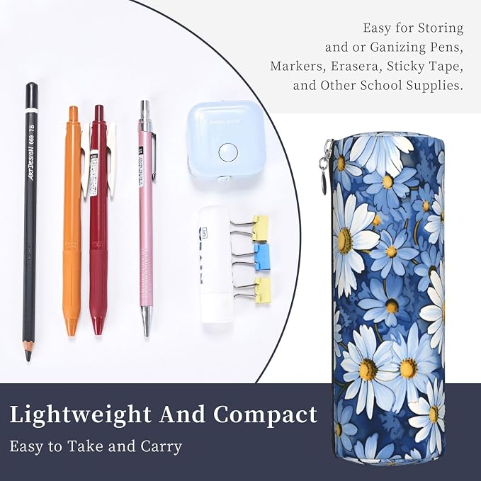 OSAM SPACE Leather Pencil Case Round Pencil Bag Daisy Blue Pen Organizer Holder Portable Zipper Pouch Cute School Supplies for Girls Boys Study Office