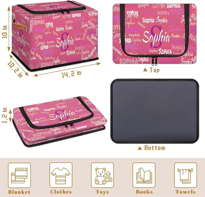 Custom Name Storage Bin with Lid Zipper, Personalized Watermelon Pink Rectangular Storage Basket with Handles for Organizing Boys Girls Toys Office Closet Shelf Baskets