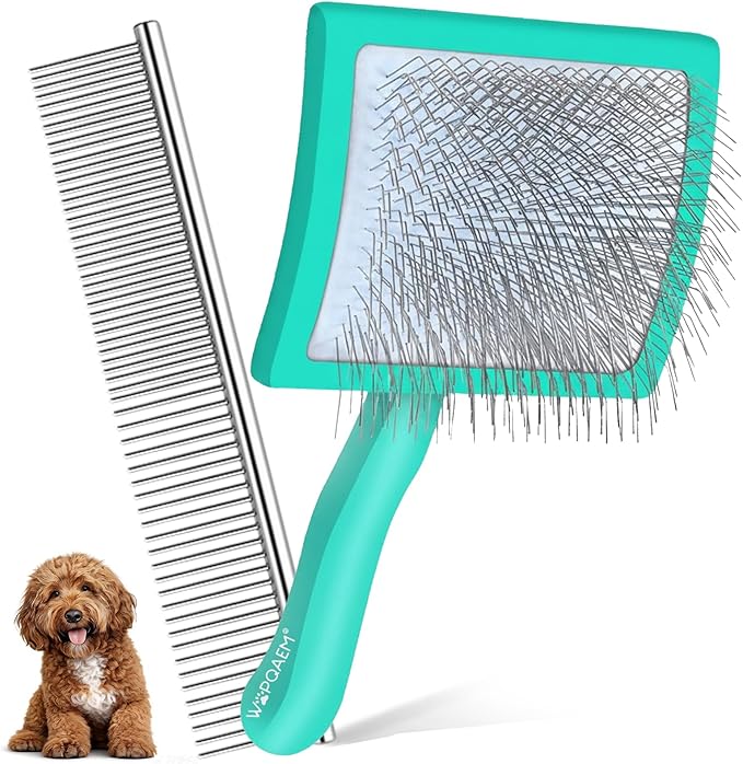 Slicker Brush for Dogs, Large Dog Brush to Long Haired Dogs for Poodles Doodles Goldendoodles Bernedoodles, Long Pin Grooming Kits to Dematting & Reducing Tangles and Fluff, Green