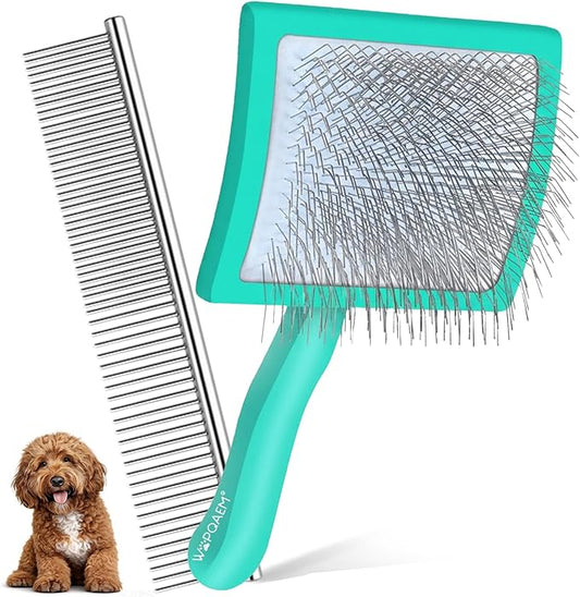 Slicker Brush for Dogs, Large Dog Brush to Long Haired Dogs for Poodles Doodles Goldendoodles Bernedoodles, Long Pin Grooming Kits to Dematting & Reducing Tangles and Fluff, Green