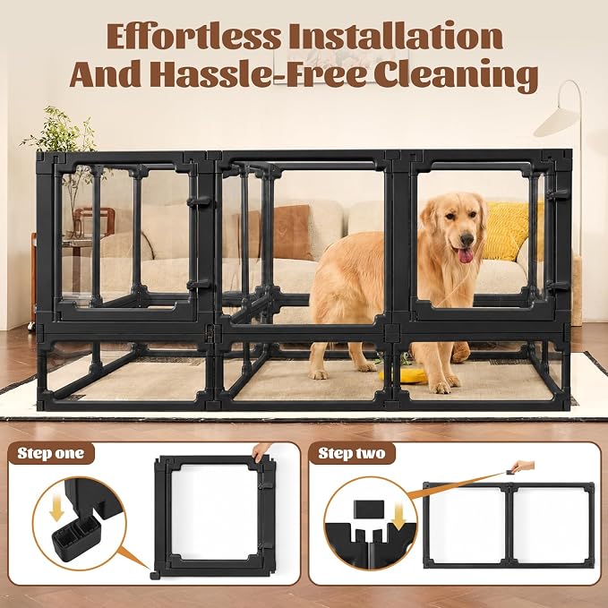 FlexiSpace Adjustable Clear Dog Play Pen, Expandable & Stackable Acrylic Dog Playpen, ONLY Dog Play Pen Indoors Grow with Your Pet Puppy Playpen (Black, 34", 12 Panels)