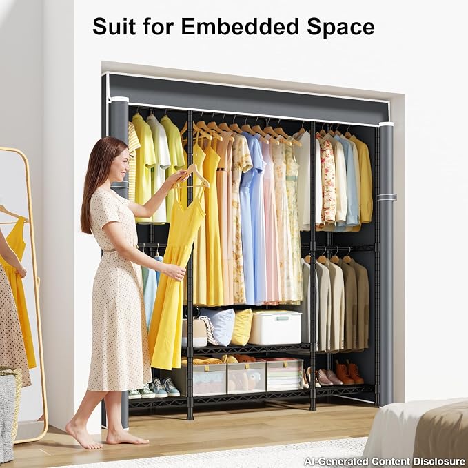 E3C Black Clothes Rack with Gray Cover, Heavy Duty Garment Rack | Freestanding Metal Closet System Storage Organizer for Clothing, Clothing Rack Holds up to 850 lbs, 59.5"W x 16.5"D x 77.4"H