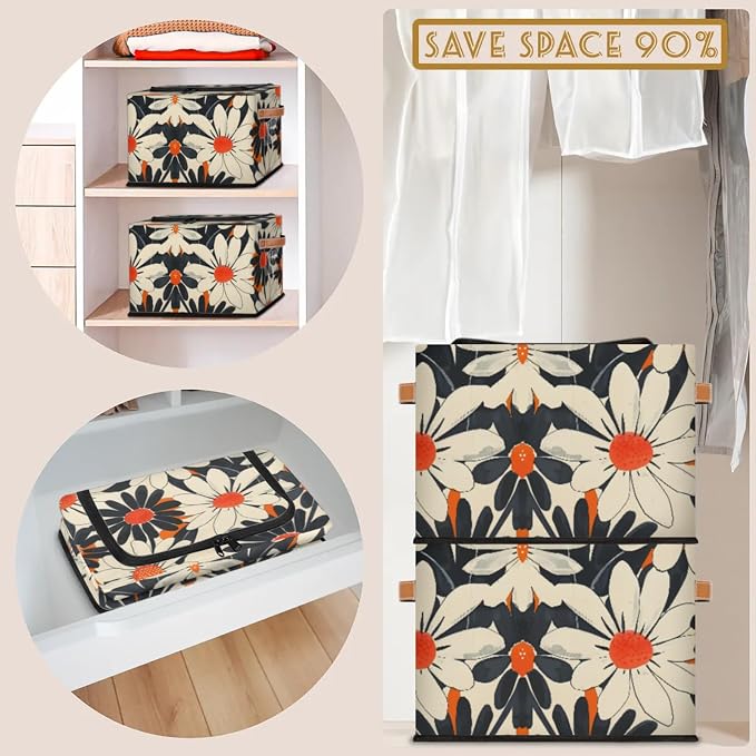 Orange Flowers Storage Bins With Zipper Lid, Collapsible Trunk Organizer, Car Organizers and Storage Bins with Lids, Decorative Storage Boxes with Handle, Home Storage Baskets for Organizing