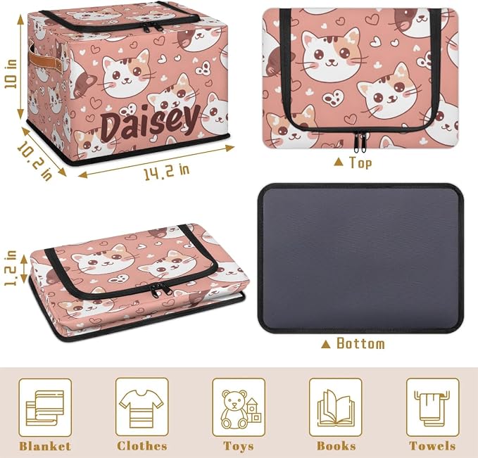 Custom Cute Cats Storage-Bin With Zipper Lid for Kids-Girls-Boys-Baby-Pet,Personalized Name Foldable Storage Box with Handle,Baby Basket With Label for Bedroom Nursery Toy Clothes,Pink