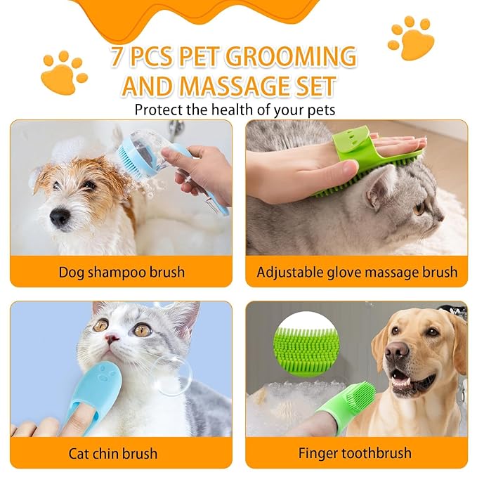 7 PCS Pet Bath Brush Set, Dog Bath Brush with Shampoo Dispenser, Cat Chin Cleaning Brush, Dog Toothbrush, Adjustable Glove Massage Brush, Pet Scrubber for Bathing Long Short Haired Dogs Cats (Green)