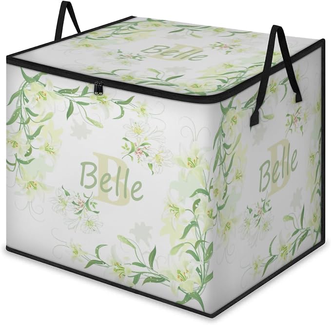 Custom Storage Baskets Cubes for Home with Name, Initial letter Large Foldable Organizer Storage Bins for Home Blanket Comforters Clothes Closet Nursery, Light Yellow Lily Floral