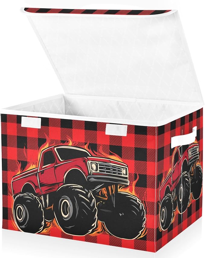 Trunk Fire Fabric Storage Bins with Lid Foldable Storage Boxes 40L Baskets | Foldable & Stackable, Flip Top Dust Guard, Reinforced Handles, Home & Bedroom, Clothes & Toys, Trunk Print Basket