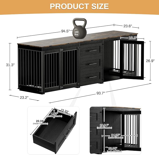 OUYESSIR 94.5" Large Dog Crate Furniture for 2 Dogs, Double Wooden Dog Kennel Furniture with 4 Dog Bowls & 3 Drawers, Heavy Duty Indoor Furniture Style Dog Cage TV Stand/Table/House (Black)