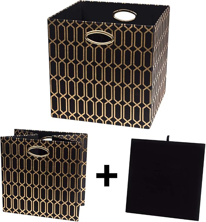 Posprica Storage Bins, Storage Cubes,13×13 Fabric Drawers Organizer Basket Boxes Containers (13×13×13/4pcs, Black/gold geometry Pattern)