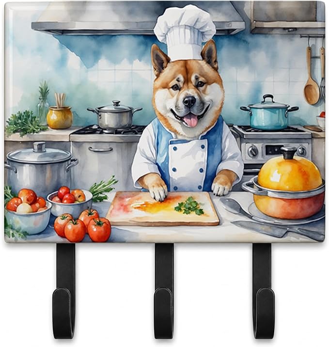 Caroline's Treasures Akita The Chef Leash or Key Holder Wall Hooks, Key Hooks Holder, Coat Rack Wall Mount, Coat Hooks, Hooks for Hanging Keys, Towels, Aprons, Leashes | Akita The Chef artwork on ceramic tile with three steel hooks for keys, leashes, t...