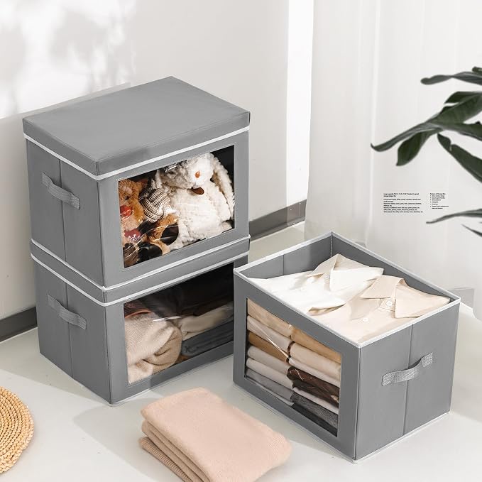 Large Storage Bins with Lids - Fabric Storage Cubes with Window, Collapsible Bins for Clothes, 15.7 Inch Large Baskets for Bedroom, Dorm, Office, Grey, 6 Pack