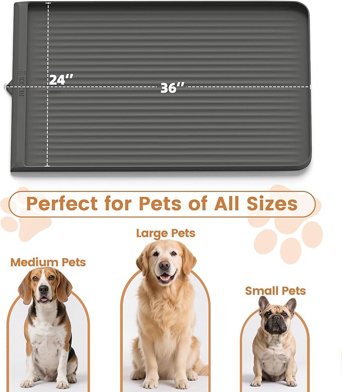 Dog Food Mat 36"x24", Waterproof Dog Bowl Mat, Grey | Raised Edges Prevent Spills, Diversion Grooves, Waterproof Surface, Non-slip Backing, Easy to Clean