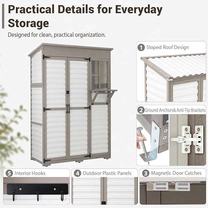 Ketive Outdoor Storage Cabinet, Fold-Down Shelf, 3 Shelves, 6 Hooks | Fir wood frame, textured plastic panels, and a sloped roof for patios, porches, gardens, and sheltered outdoor areas.