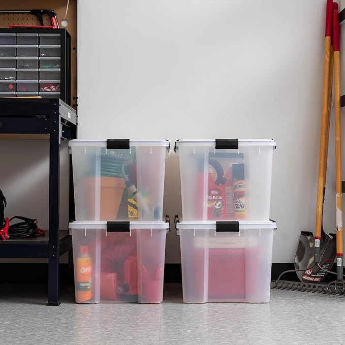 IRIS USA WeatherPro Storage Bins with Lids, 74 Qt Plastic, 4 Pack | Weather-tight gasket protects clothing, food, camping gear, tools, photos, and keepsakes from moisture, dust, and pests.