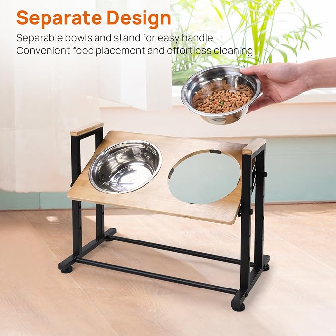 Adjustable Height Pet Feeder Stand with 2 Dishwasher-Safe Stainless Steel Bowls – Brown Wood Top & Black Metal Frame Elevated Food/Water Station for Dogs/Cats Under 100LBS
