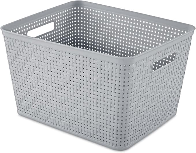 Sterilite Tall Basket, Woven Plastic Storage Organizer Bin, Cement, 6-Pack | Decorative Open Top Storage Bins with Handles for Bedroom, Bathroom, Dorm, Closet, Office and Shelf Organization