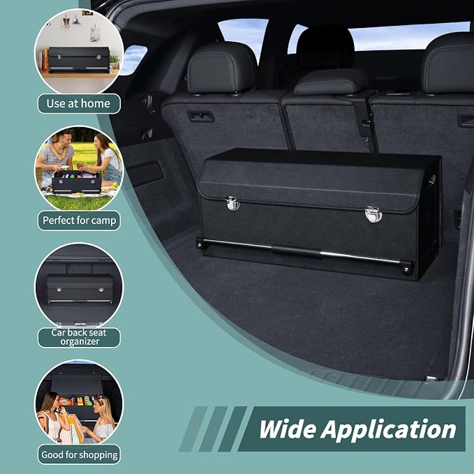 Car Trunk Organizer Leather Car Storage Organizer with Lid Car Organizer | Suv Trunk Organizer with Sturdy Handle Car Cargo Storage Box for Minivan, Sedan, Jeep (Black, 27 x 11.4 x 12.2in)