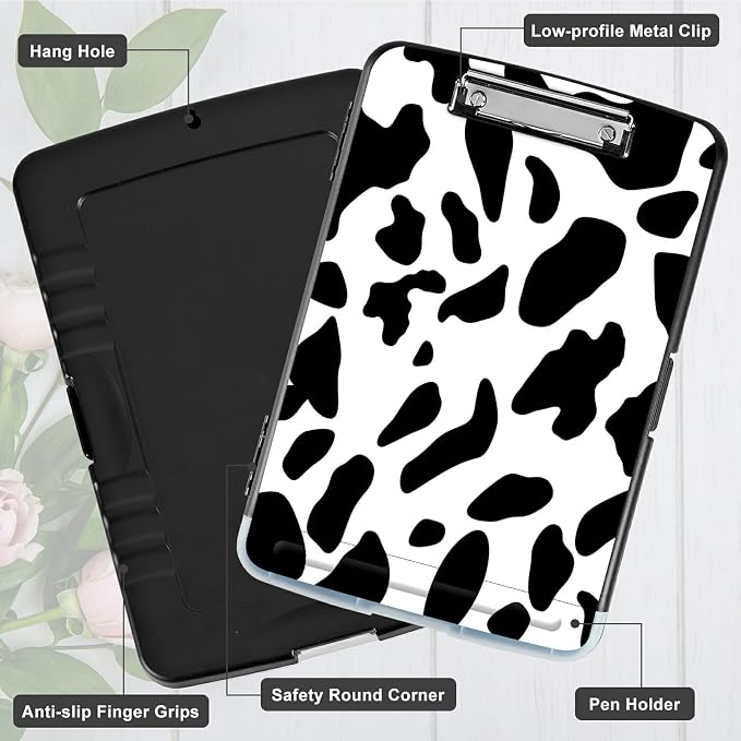 A4 Clipboard with Storage Pen Holder, Clipboards Organizer Nursing Clipboard Foldable File Folder Plastic Clipboard Folio Clip Board for Office Students Classroom Doctor Teacher, Cow Print