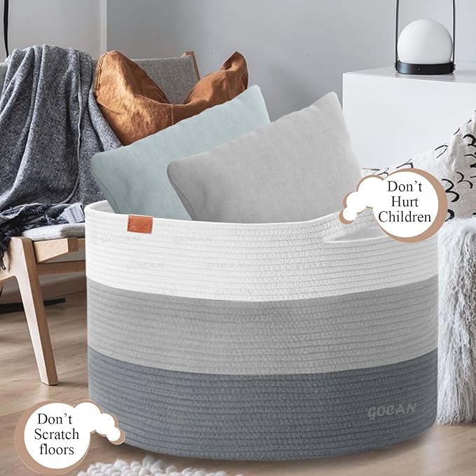 Cotton Rope Woven Laundry Basket 22"X 22"X 14" with handles(Mixed Grey)XXXL | Hand-woven, ideal for storing blankets and cushions in the living room, and clothes for household storage.