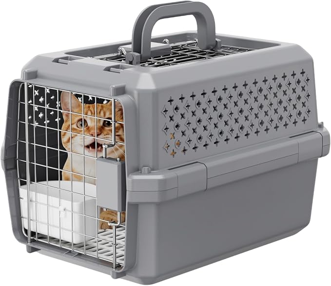 Airline-Approved Pet Carrier: Hard-Sided Crate for Cats & Dogs | Secure Metal Locking Door / Multi-Side Ventilation / Top Carry Handle / Lightweight Durable Shell / Includes Travel Bowl