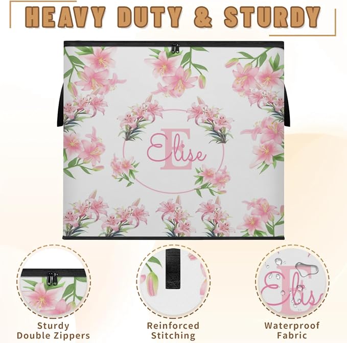 Personalized Storage Bags Large Organization Storage Containers for Comforters, Bedding, Blanket Foldable Organizer with Reinforced Handle, Pink Lily Floral