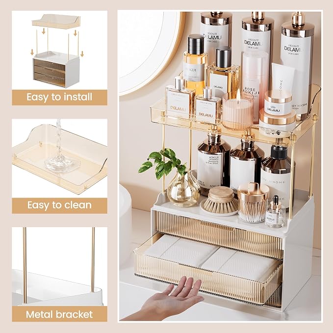 Delamu 5-Tier Makeup Organizer, Bathroom Counter Storage, 3 Drawers, Amber | Elegant Vanity Organizer Gift for Women, Holds Perfume, Skincare, Nail Polish & Hair Accessories for Bathroom Countertop