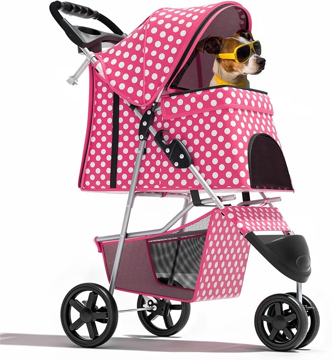 Magshion 3-Wheel Pet Stroller for Small/Medium Dogs & Cats, Up to 33lbs | Foldable Travel Jogger w/ Breathable Mesh Cover, Lightweight Design, Safety Tethers, Cup Holder & Storage Basket