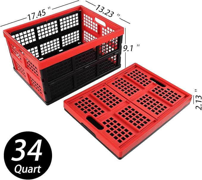 Ramddy 34 Quart Collapsible Storage Crate, Plastic Stackable Crate, 4 Pack | Folding Basket Container Bins