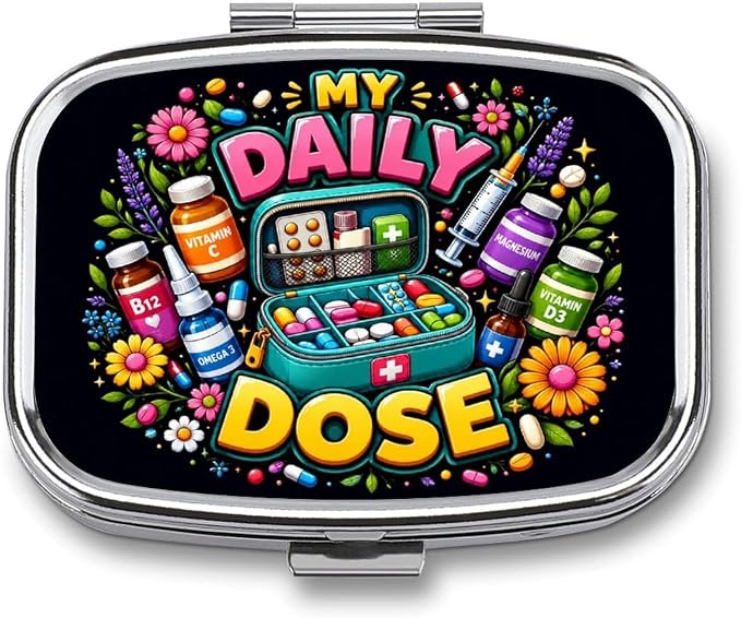 Daily Dose Vitamins Supplements Health Care Two Compartment Pill Box Medicine Organizer, Portable Pill Case with Secure Snap Closure for Vitamins Medication Supplements Daily Use